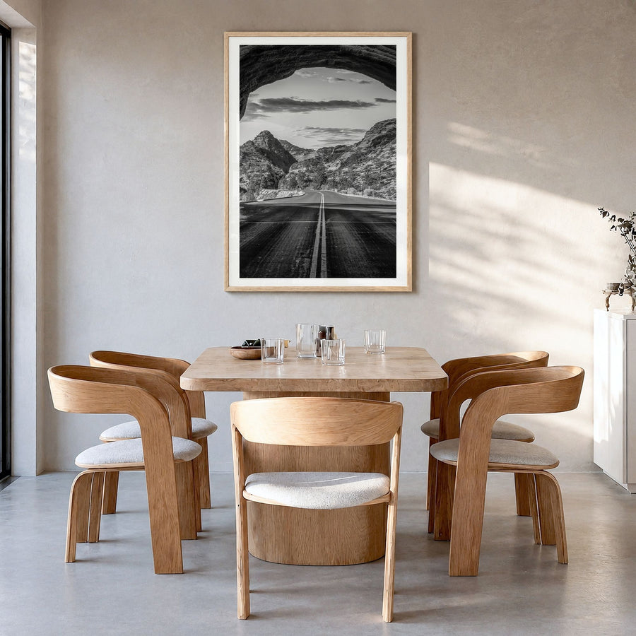 Utah Photo No 3 Poster in a natural wood frame, hanging in a dining room, white border