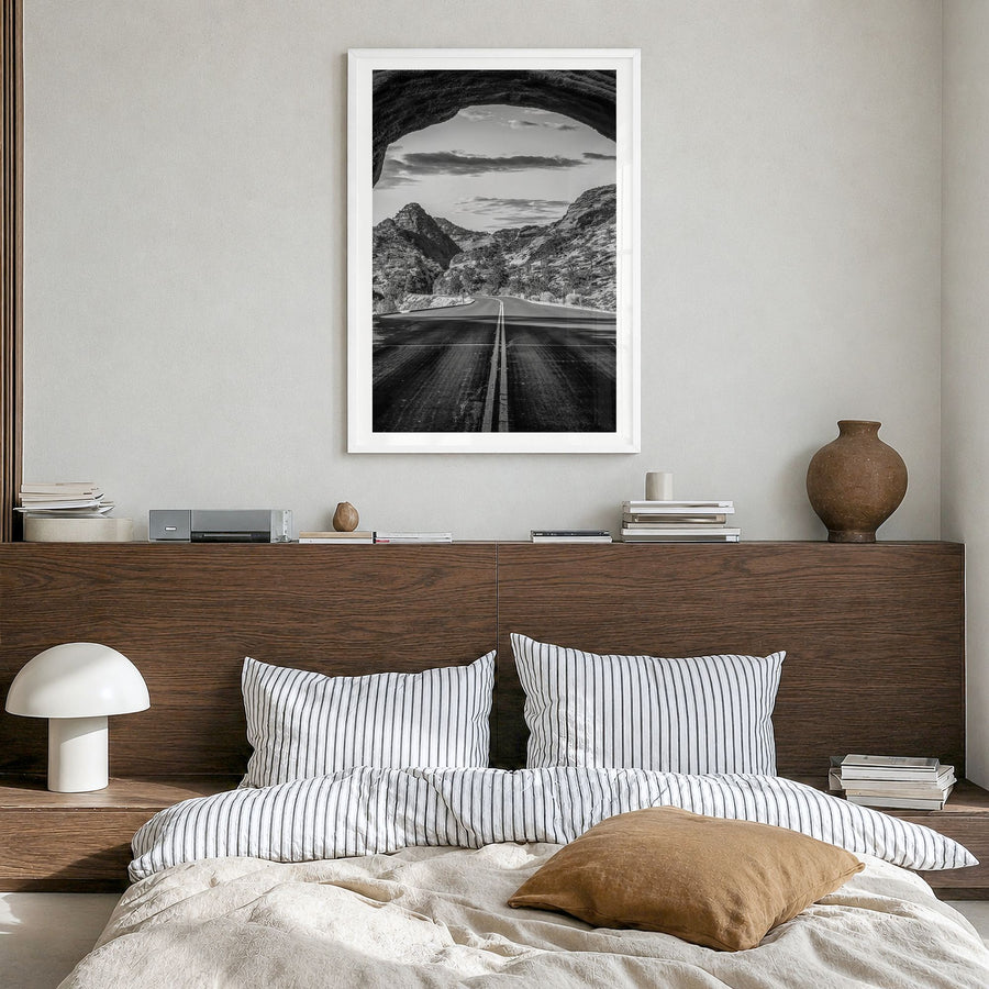 Utah Photo No 3 Poster in a white wood frame, hanging in a bedroom, white border