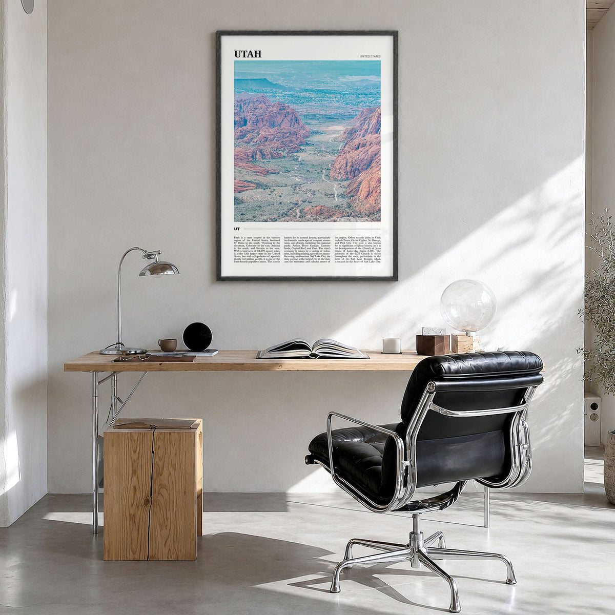Utah Travel No 1 Poster in a black wood frame, hanging in a bright home office