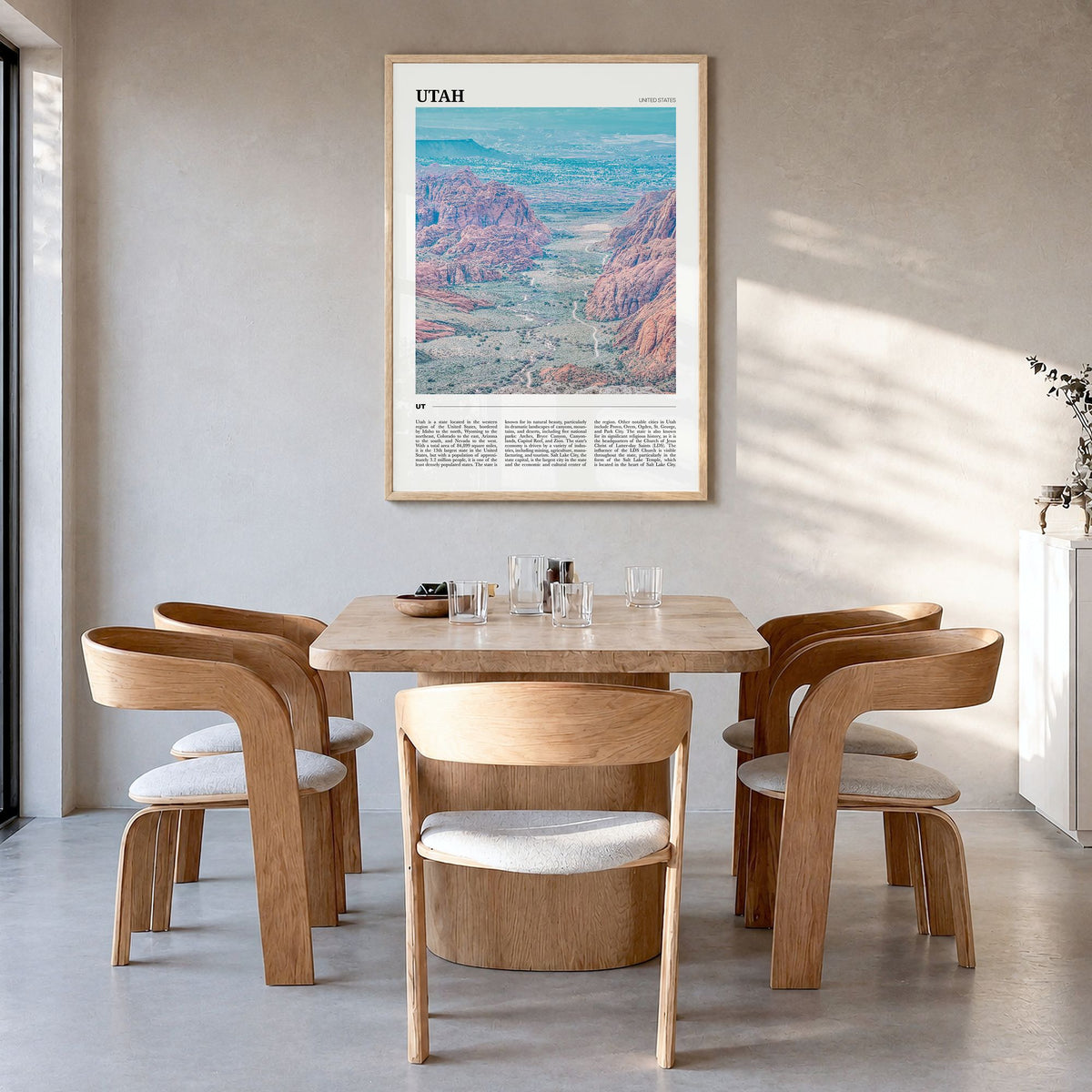 Utah Travel No 1 Poster in a natural wood frame, hanging in a dining room