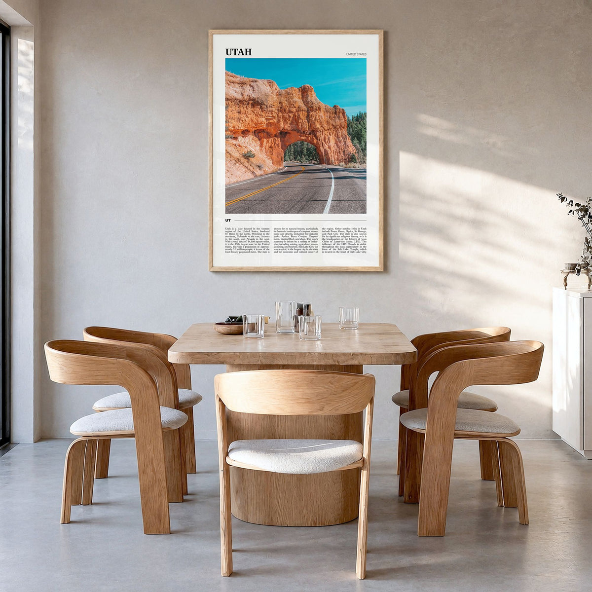 Utah Travel No 2 Poster in a natural wood frame, hanging in a dining room