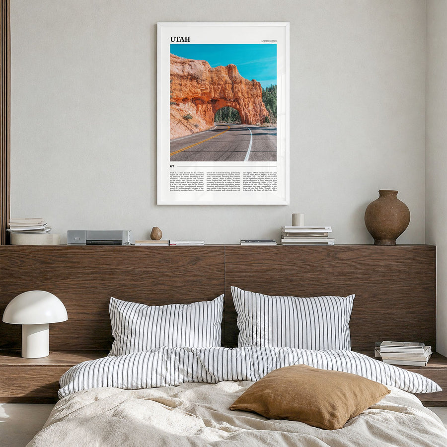 Utah Travel No 2 Poster in a white wood frame, hanging in a bedroom