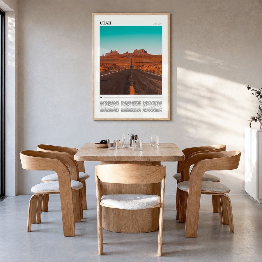 Utah Travel No 3 Poster in a natural wood frame, hanging in a dining room