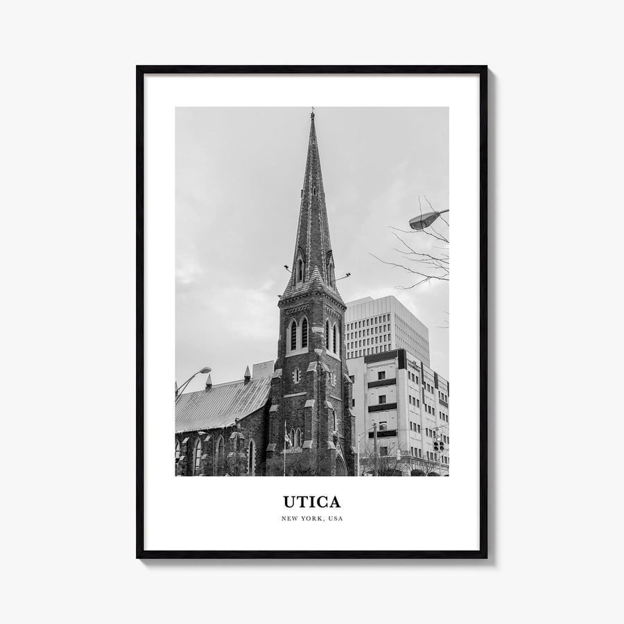 Utica black & white classic poster of New York, USA – vertical wall art, unframed print shown in interior mockup