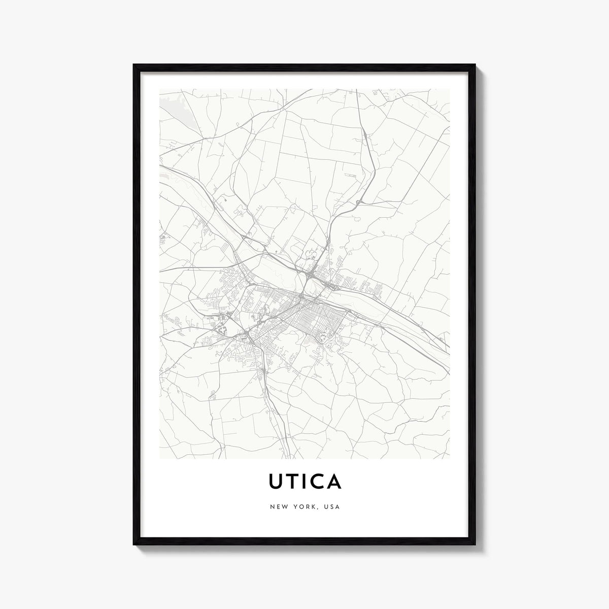 Utica black & white map poster of New York, USA – vertical wall art, unframed print shown in interior mockup