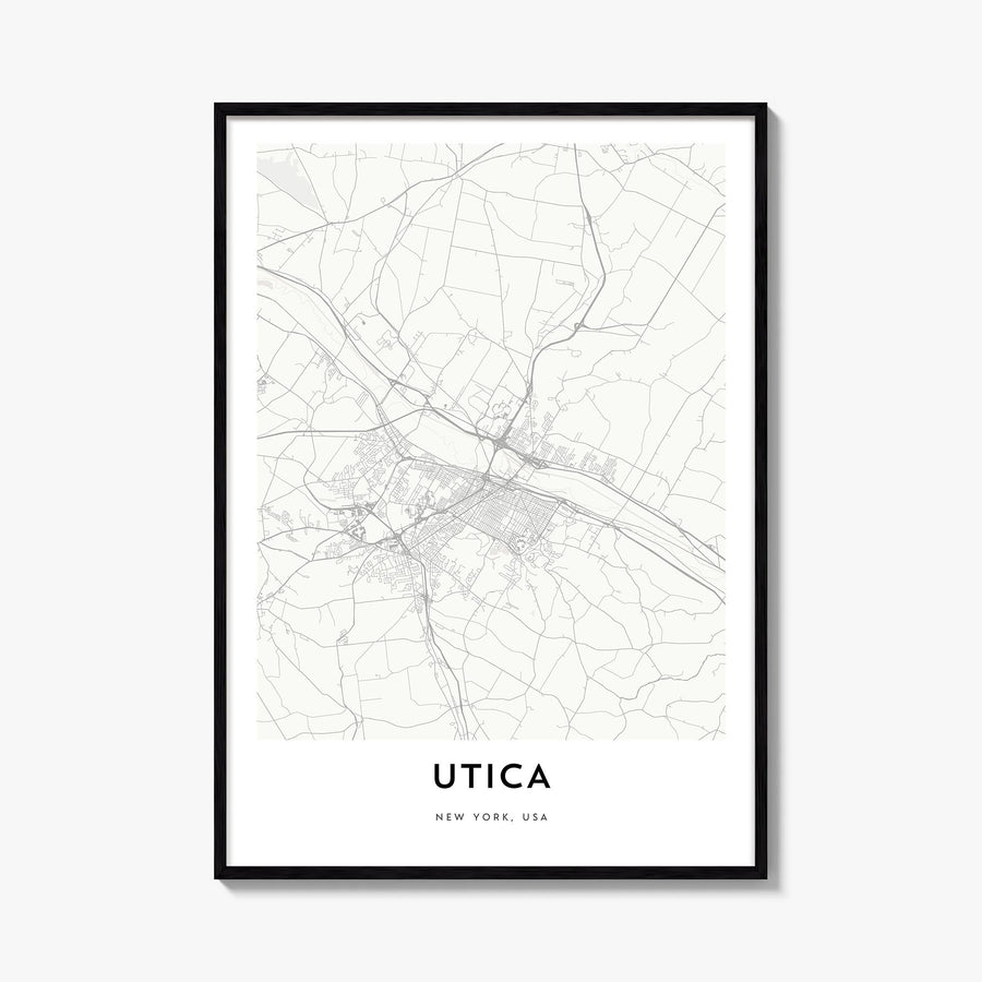 Utica black & white map poster of New York, USA – vertical wall art, unframed print shown in interior mockup