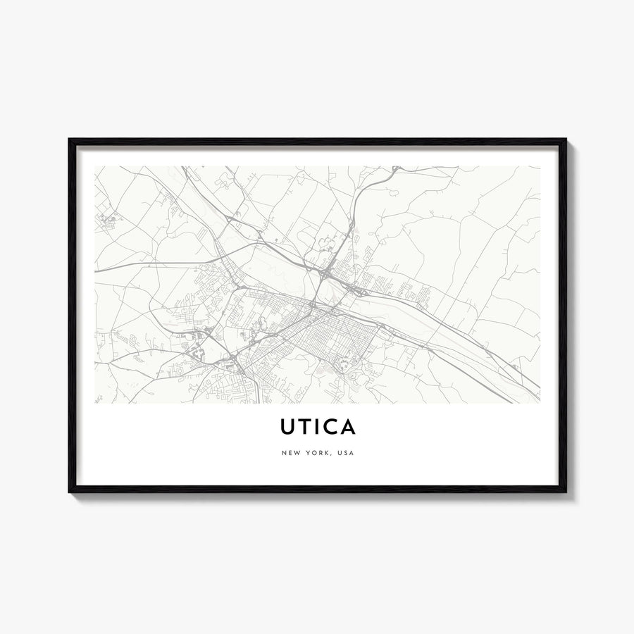 Utica black & white map poster of New York, USA – horizontal wall art, unframed print shown in interior mockup