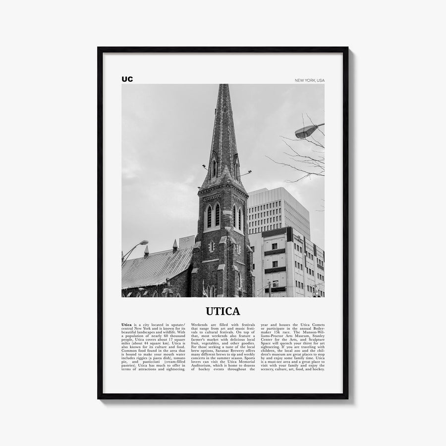 Utica black & white newspaper poster of New York, USA – vertical wall art, unframed print shown in interior mockup