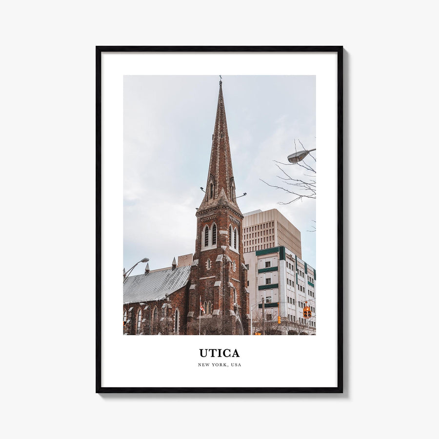 Utica colorful classic poster of New York, USA – vertical wall art, unframed print shown in interior mockup