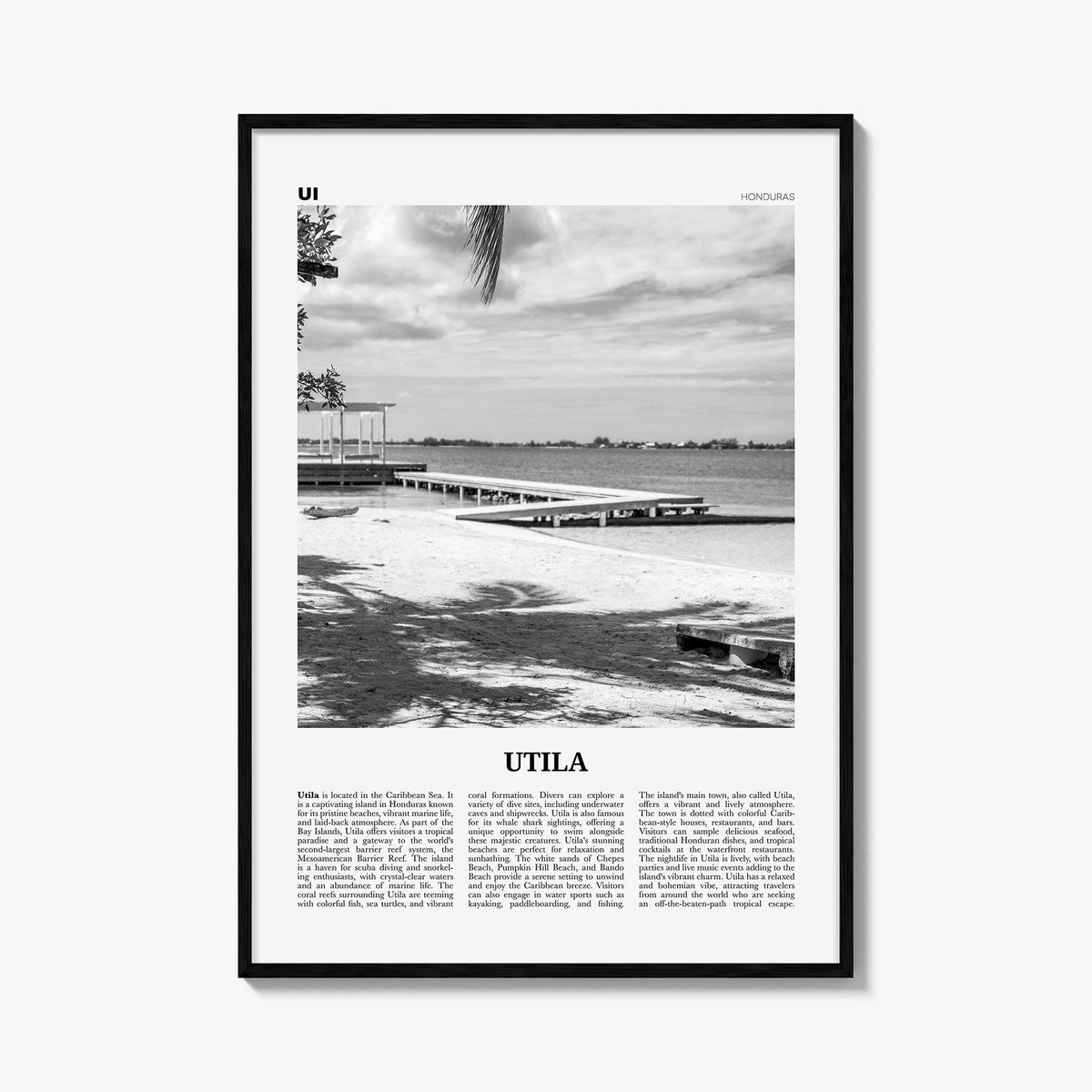 Utila black & white newspaper poster of Honduras – vertical wall art, unframed print shown in interior mockup
