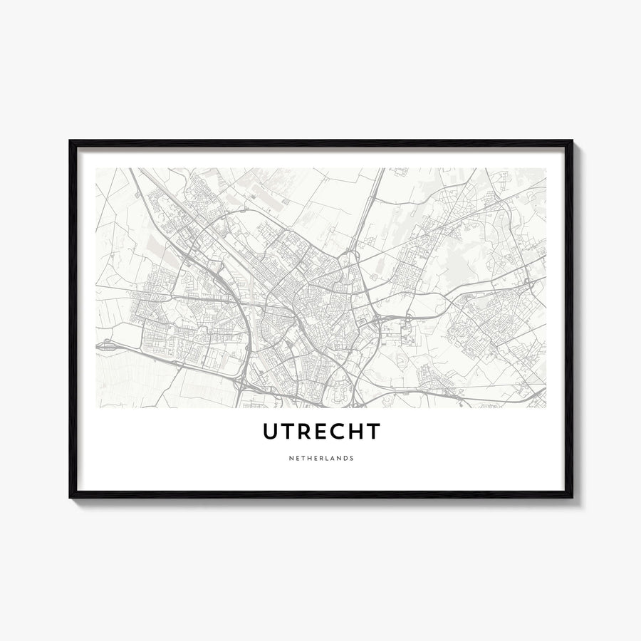 Utrecht black & white map poster of Netherlands – horizontal wall art, unframed print shown in interior mockup