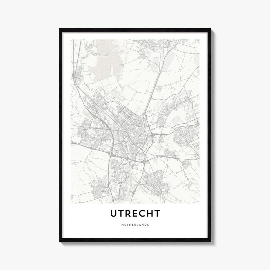 Utrecht black & white map poster of Netherlands – vertical wall art, unframed print shown in interior mockup