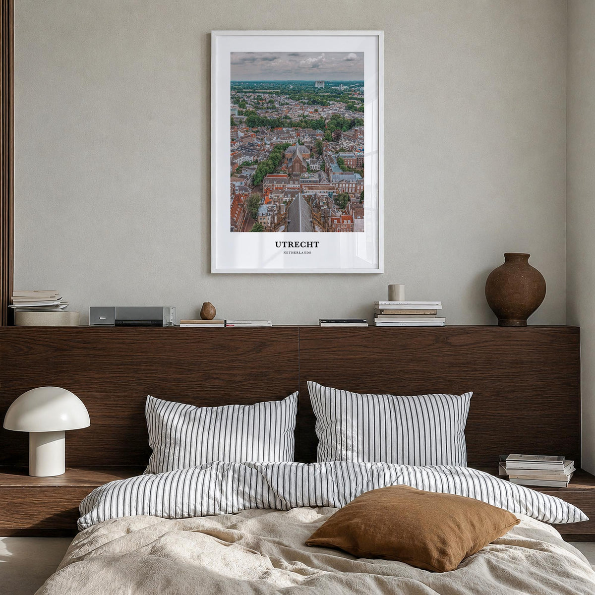 Utrecht colorful classic poster of Netherlands – vertical wall art in white wood frame, hanging on wall