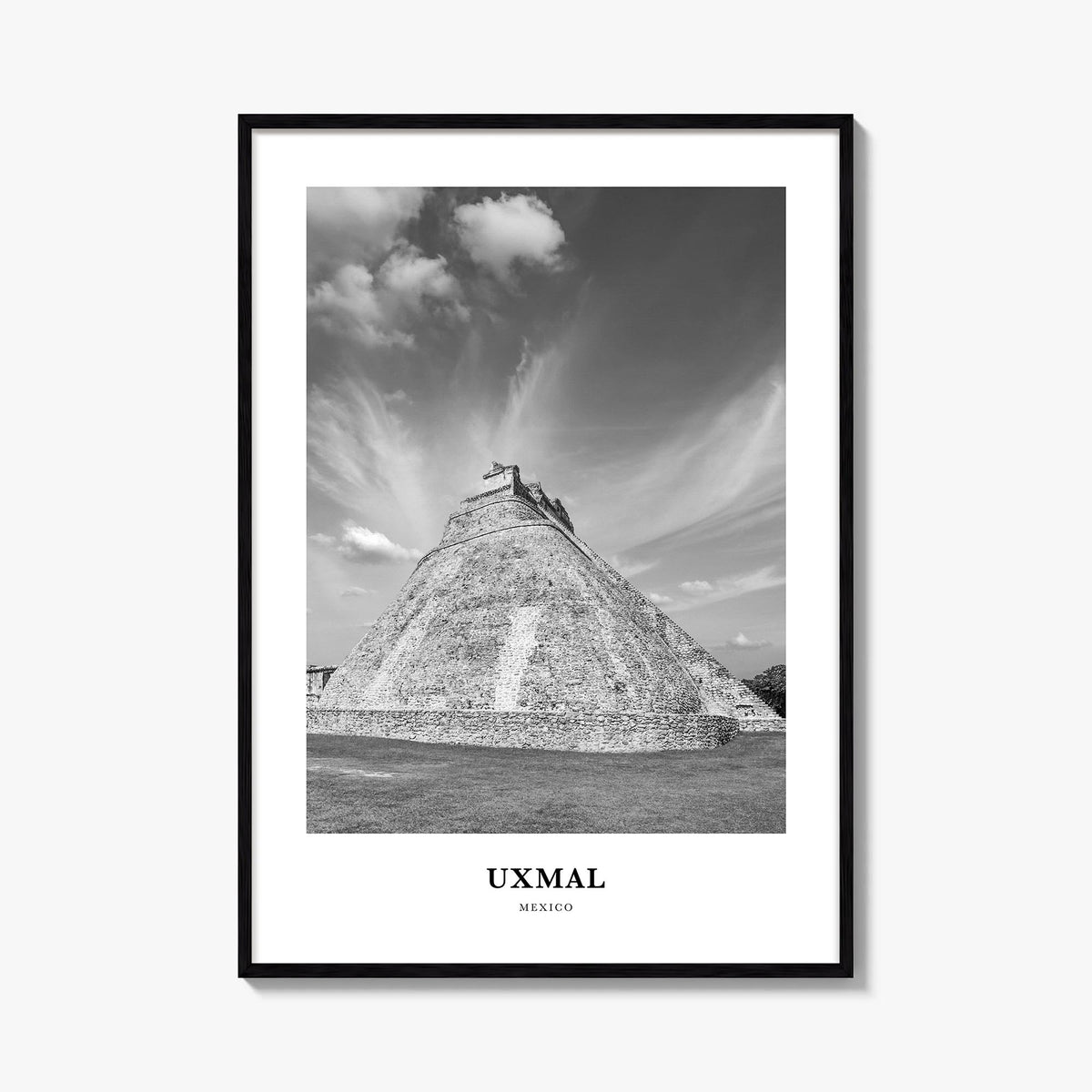 Uxmal black & white classic poster of Mexico – vertical wall art, unframed print shown in interior mockup