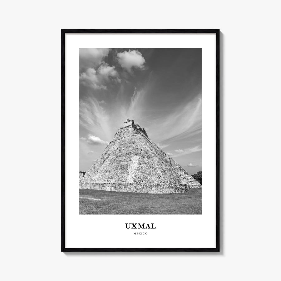Uxmal black & white classic poster of Mexico – vertical wall art, unframed print shown in interior mockup