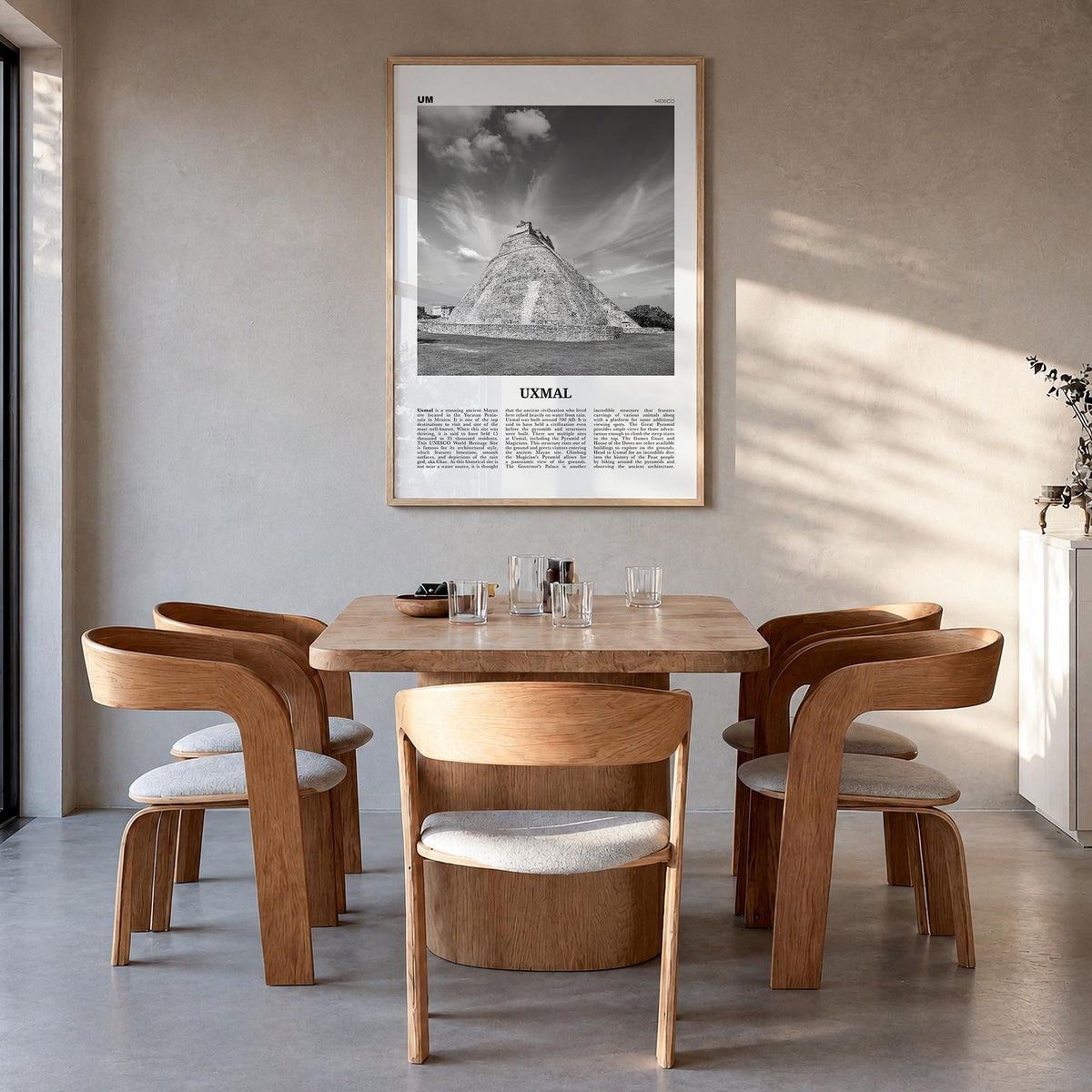Uxmal black & white newspaper poster of Mexico – vertical wall art in natural wood frame, hanging on wall