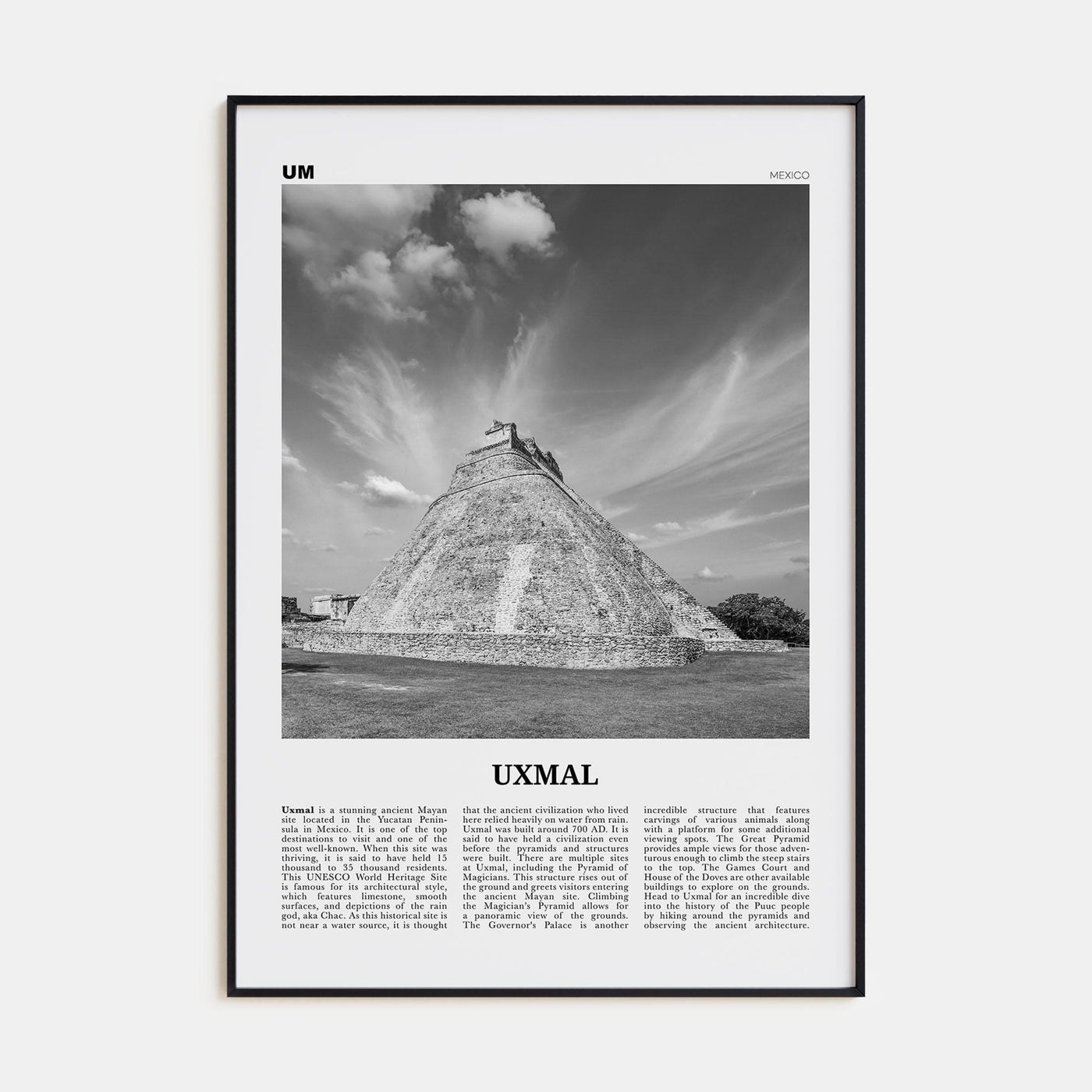 Uxmal Poster Black Metal / 8x12 in Nbourhood Travel B&W Poster