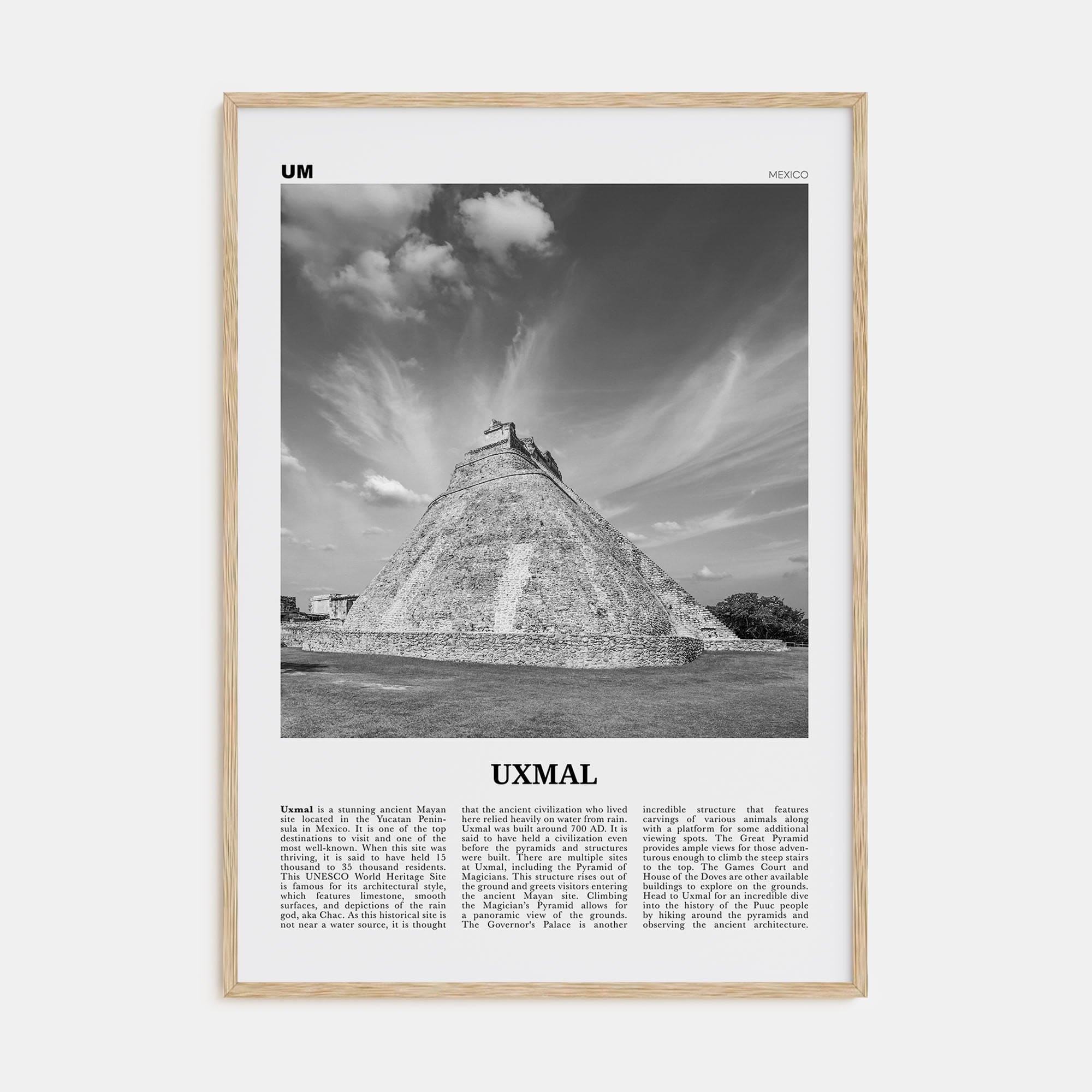 Uxmal Poster Natural Wood / 8x12 in Nbourhood Travel B&W Poster