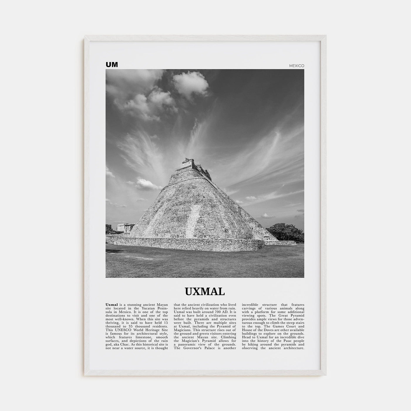 Uxmal Poster White Wood / 8x12 in Nbourhood Travel B&W Poster