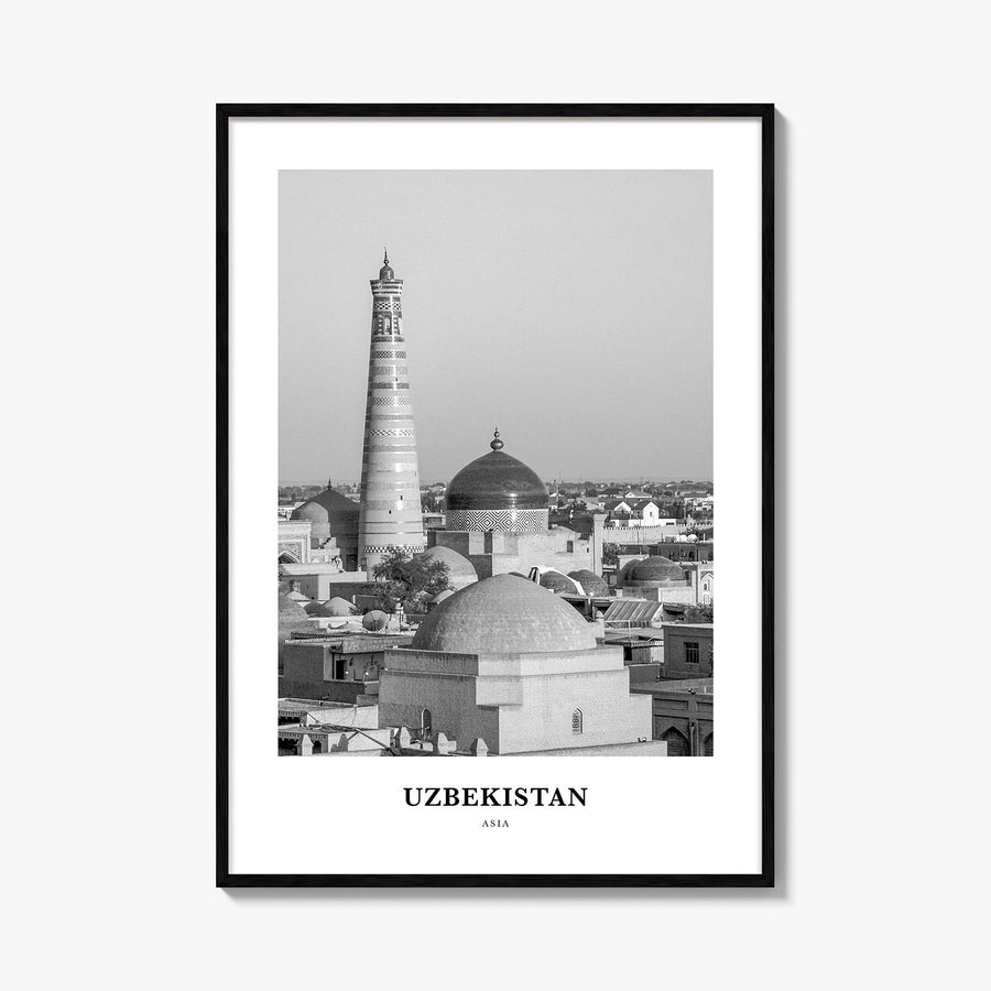 Uzbekistan black & white classic poster of Asia – vertical wall art, unframed print shown in interior mockup