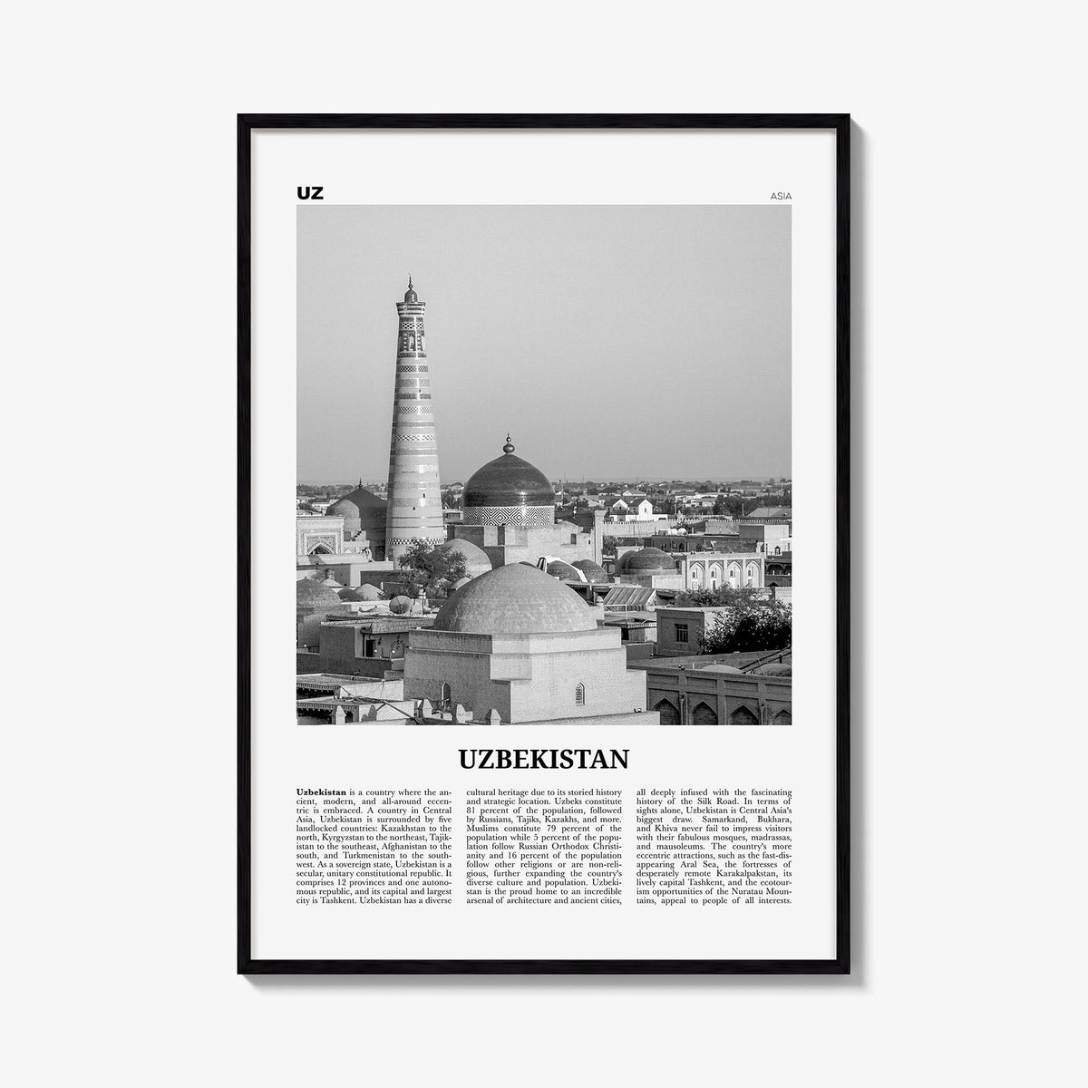Uzbekistan black & white newspaper poster of Asia – vertical wall art, unframed print shown in interior mockup