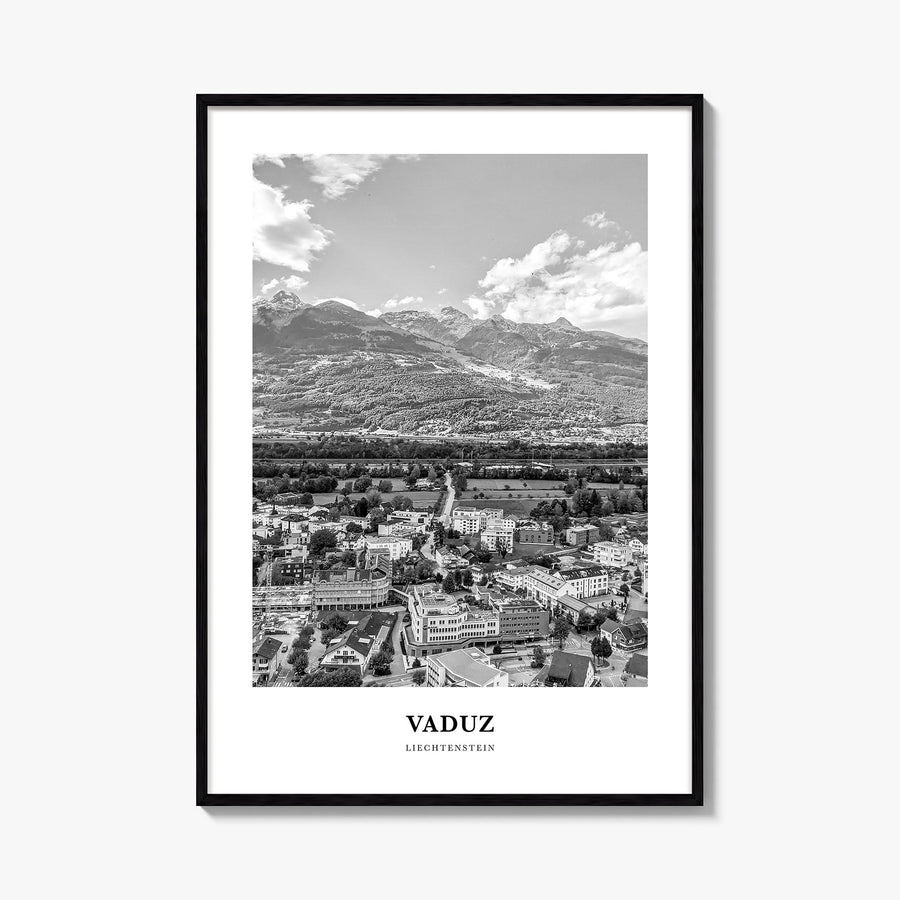 Vaduz black & white classic poster of Liechtenstein – vertical wall art, unframed print shown in interior mockup