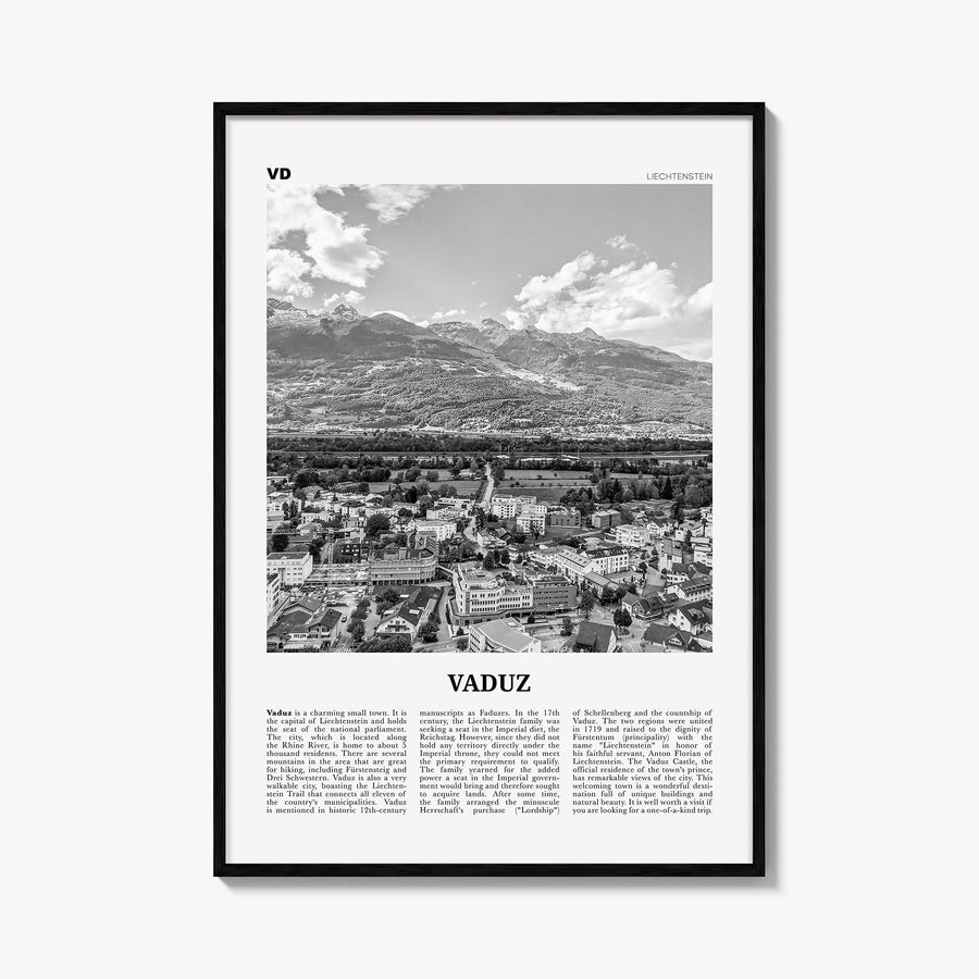 Vaduz black & white newspaper poster of Liechtenstein – vertical wall art, unframed print shown in interior mockup