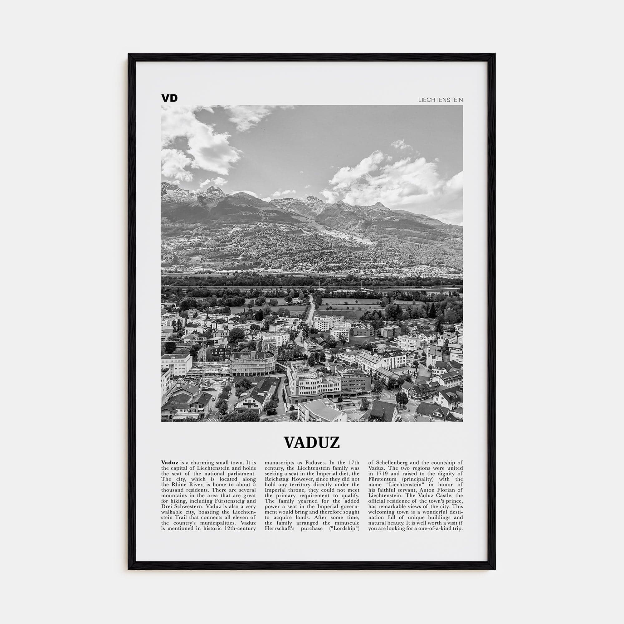 Vaduz Poster Black Wood / 8x12 in Nbourhood Travel B&W Poster