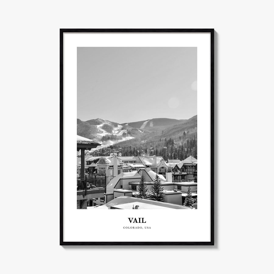 Vail black & white classic poster of Colorado, USA – vertical wall art, unframed print shown in interior mockup