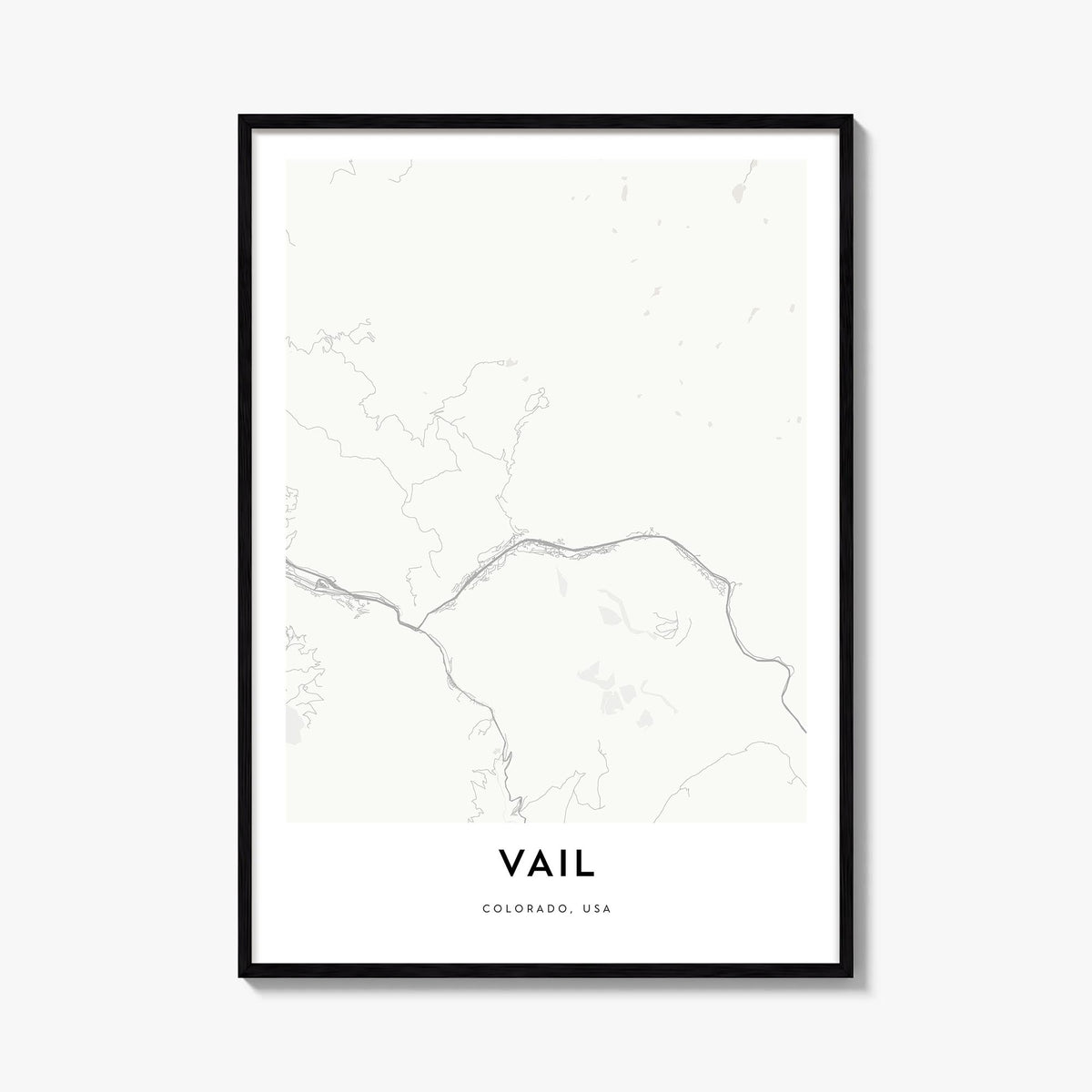 Vail black & white map poster of Colorado, USA – vertical wall art, unframed print shown in interior mockup
