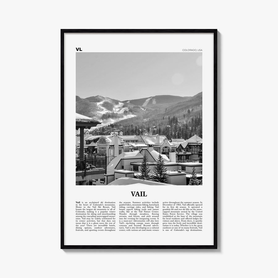 Vail black & white newspaper poster of Colorado, USA – vertical wall art, unframed print shown in interior mockup