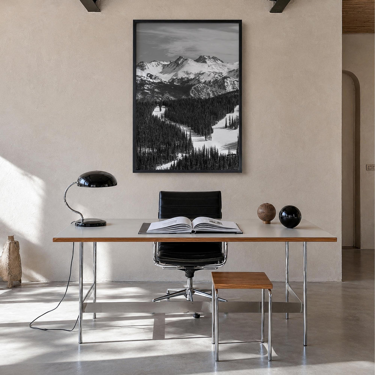 Vail black & white photo poster of Colorado, USA – vertical wall art in black wood frame, hanging on wall