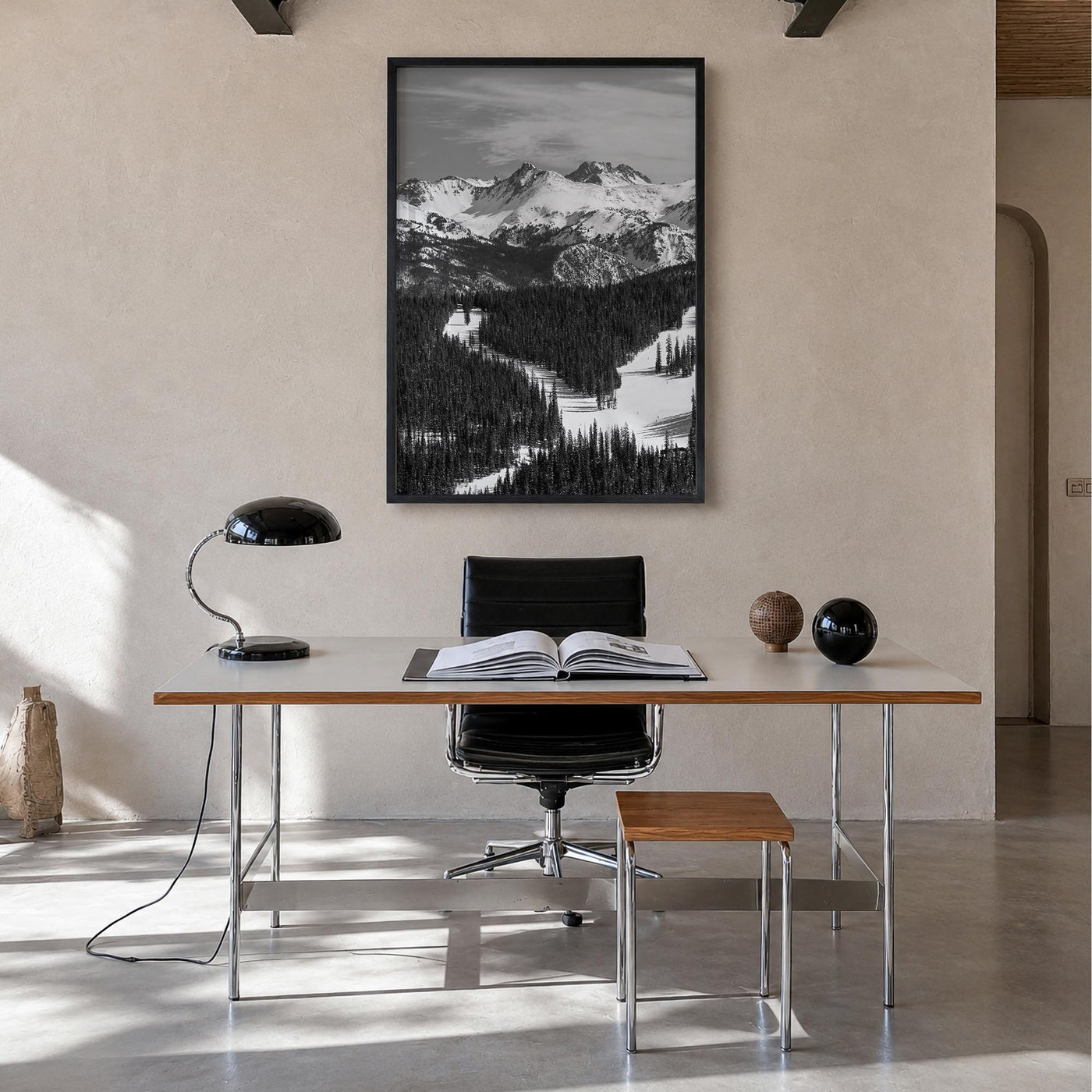 Vail black & white photo poster of Colorado, USA – vertical wall art in black wood frame, hanging on wall