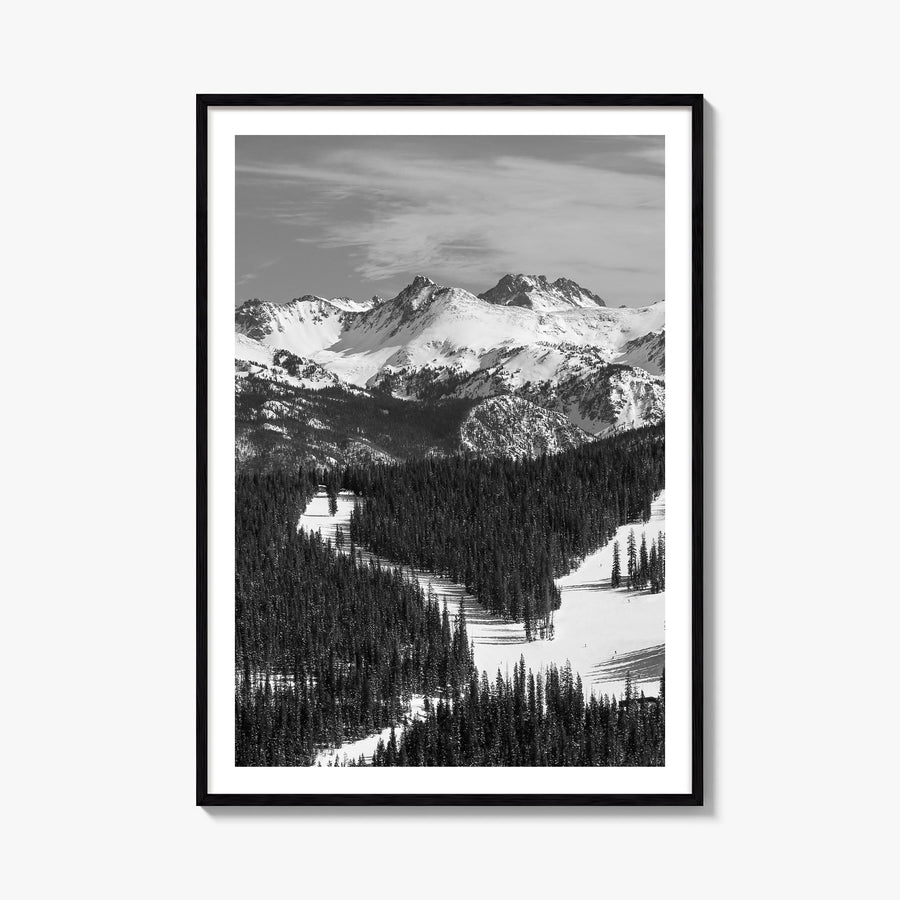 Vail black & white photo poster of Colorado, USA – vertical wall art, unframed print shown in interior mockup
