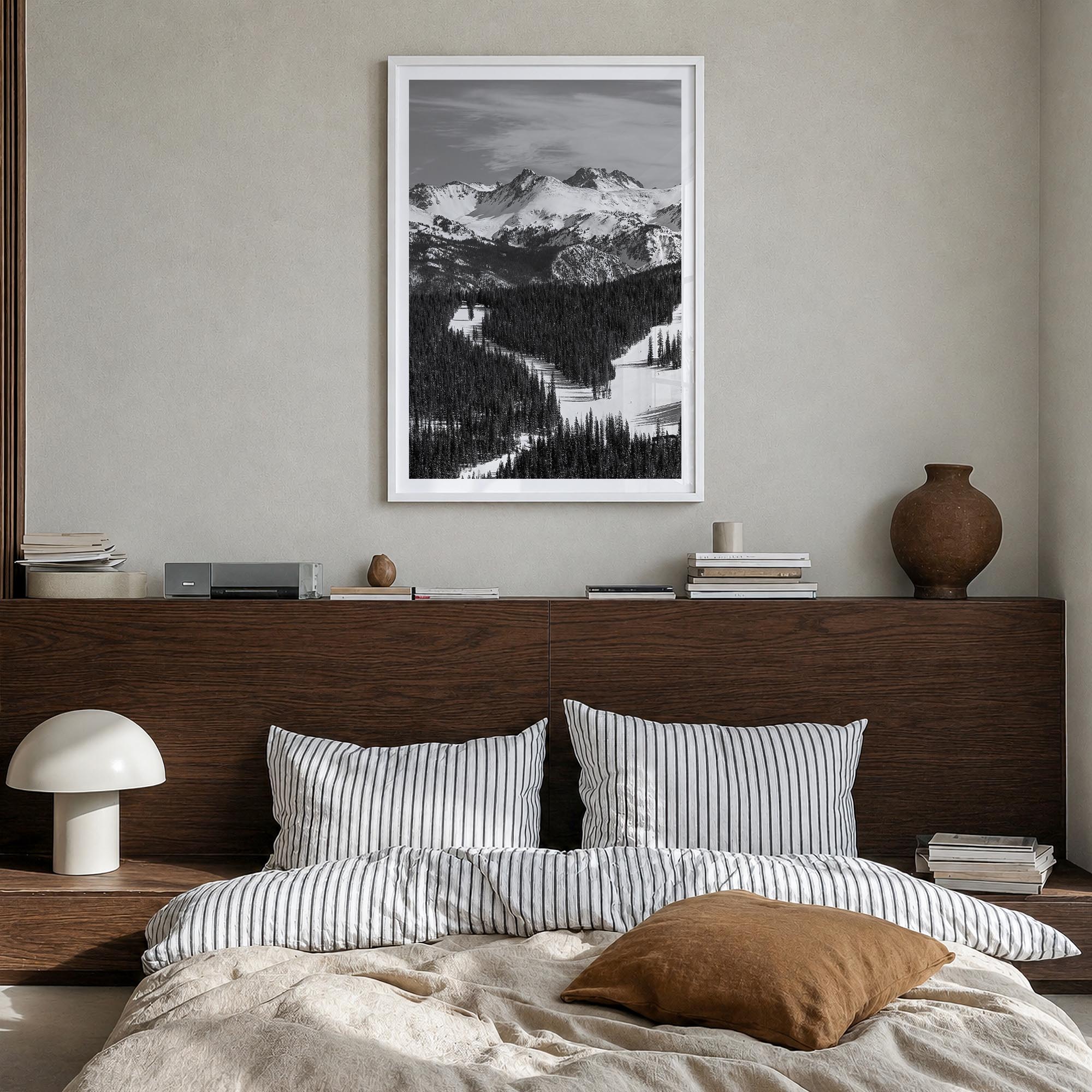Vail black & white photo poster of Colorado, USA – vertical wall art in white wood frame with white border, hanging on wall