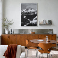 Vail black & white photo poster of Colorado, USA – vertical wall art in white wood frame, hanging on wall