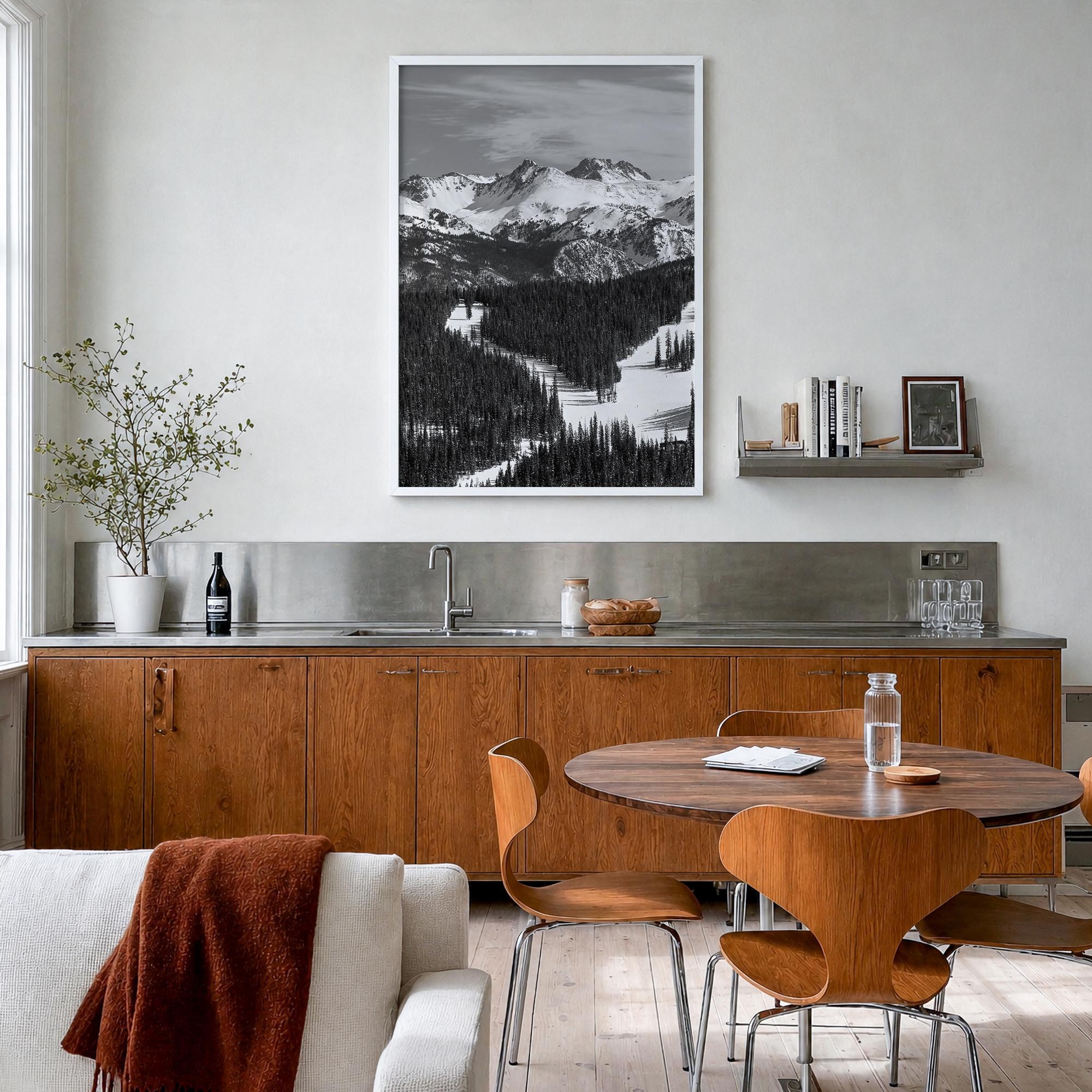 Vail black & white photo poster of Colorado, USA – vertical wall art in white wood frame, hanging on wall