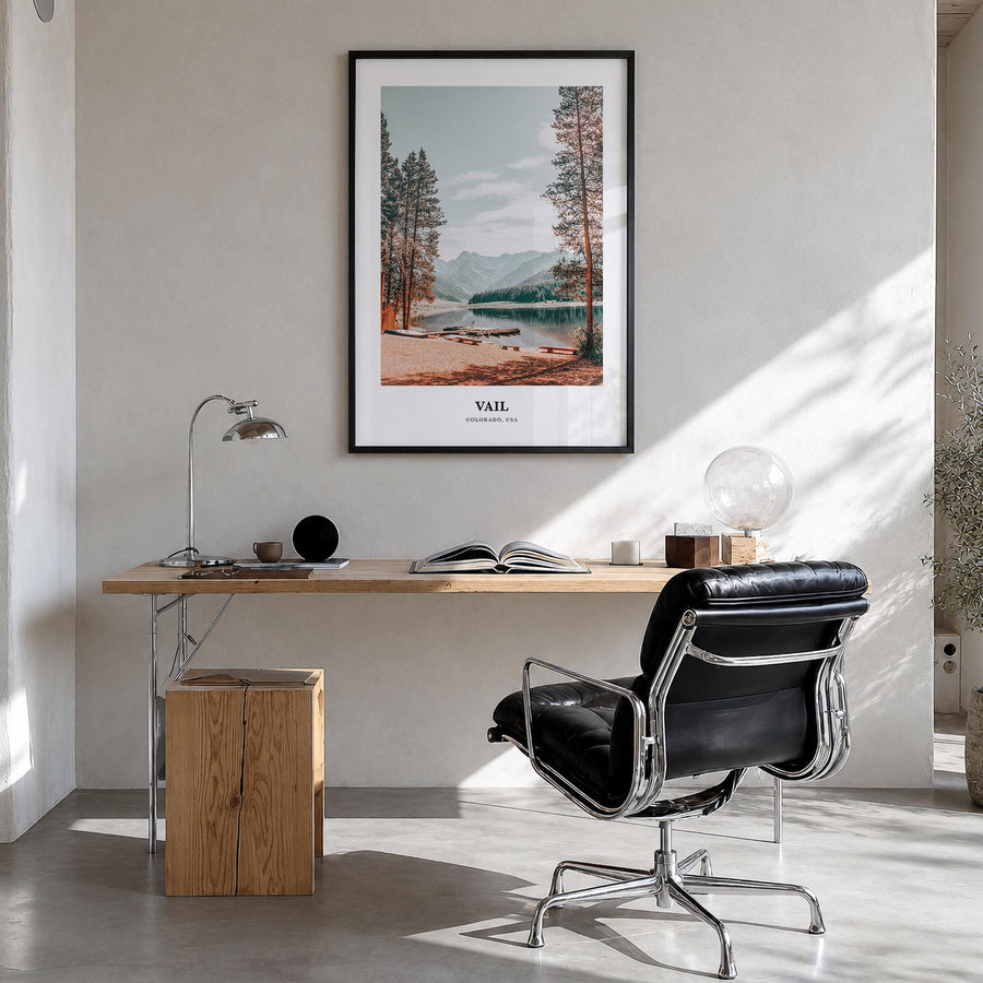 Vail colorful classic poster of Colorado, USA – vertical wall art in black wood frame, hanging on wall