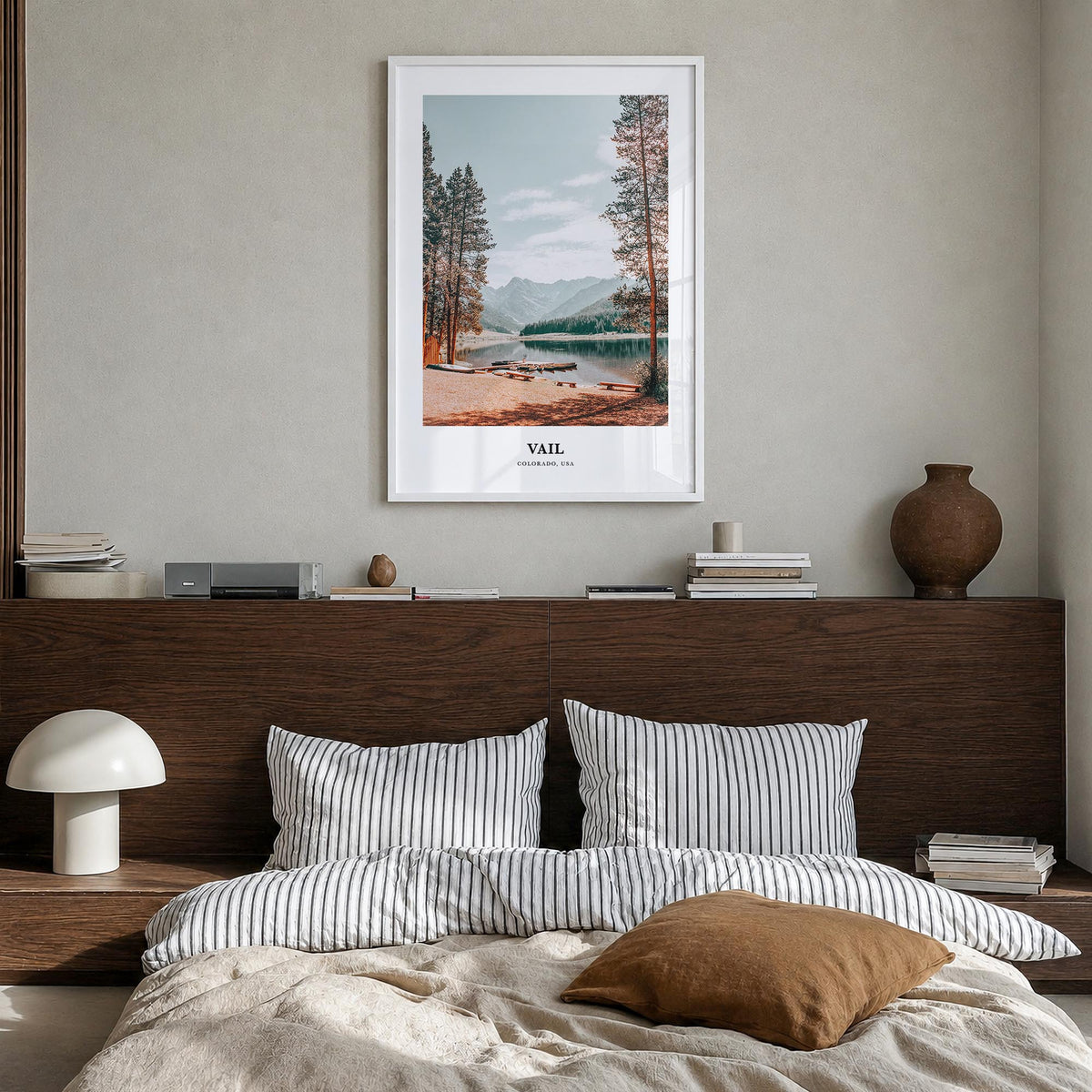 Vail colorful classic poster of Colorado, USA – vertical wall art in white wood frame, hanging on wall