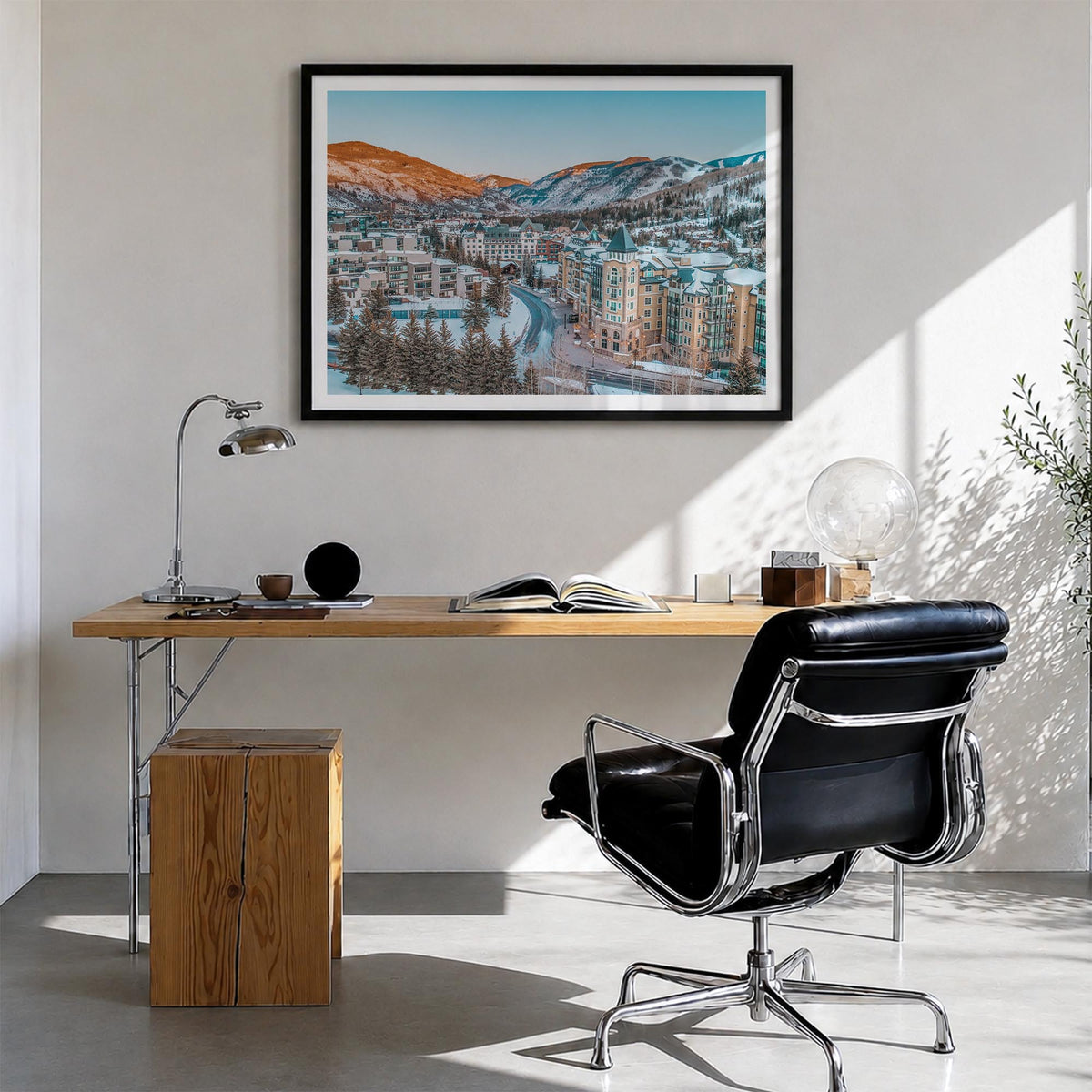 Vail colorful photo poster of Colorado, USA – horizontal wall art in black wood frame with white border, hanging on wall