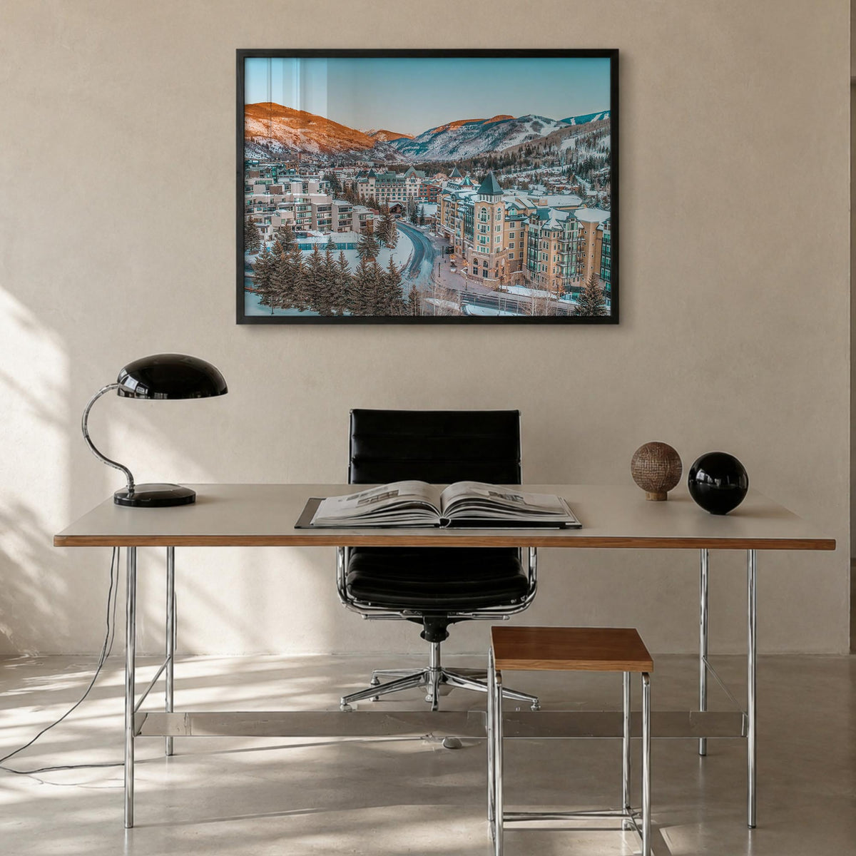 Vail colorful photo poster of Colorado, USA – horizontal wall art in black wood frame, hanging on wall