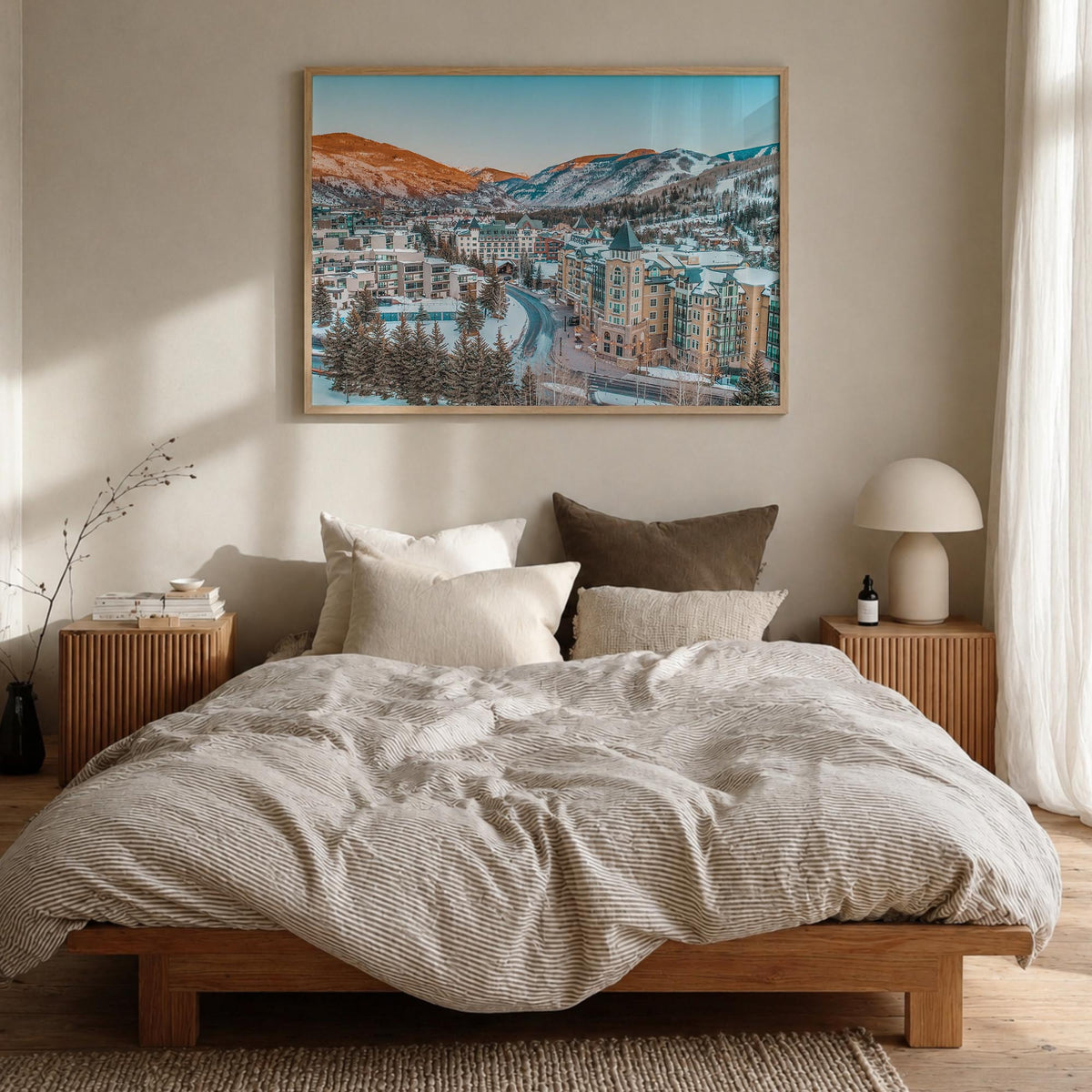 Vail colorful photo poster of Colorado, USA – horizontal wall art in natural wood frame, hanging on wall
