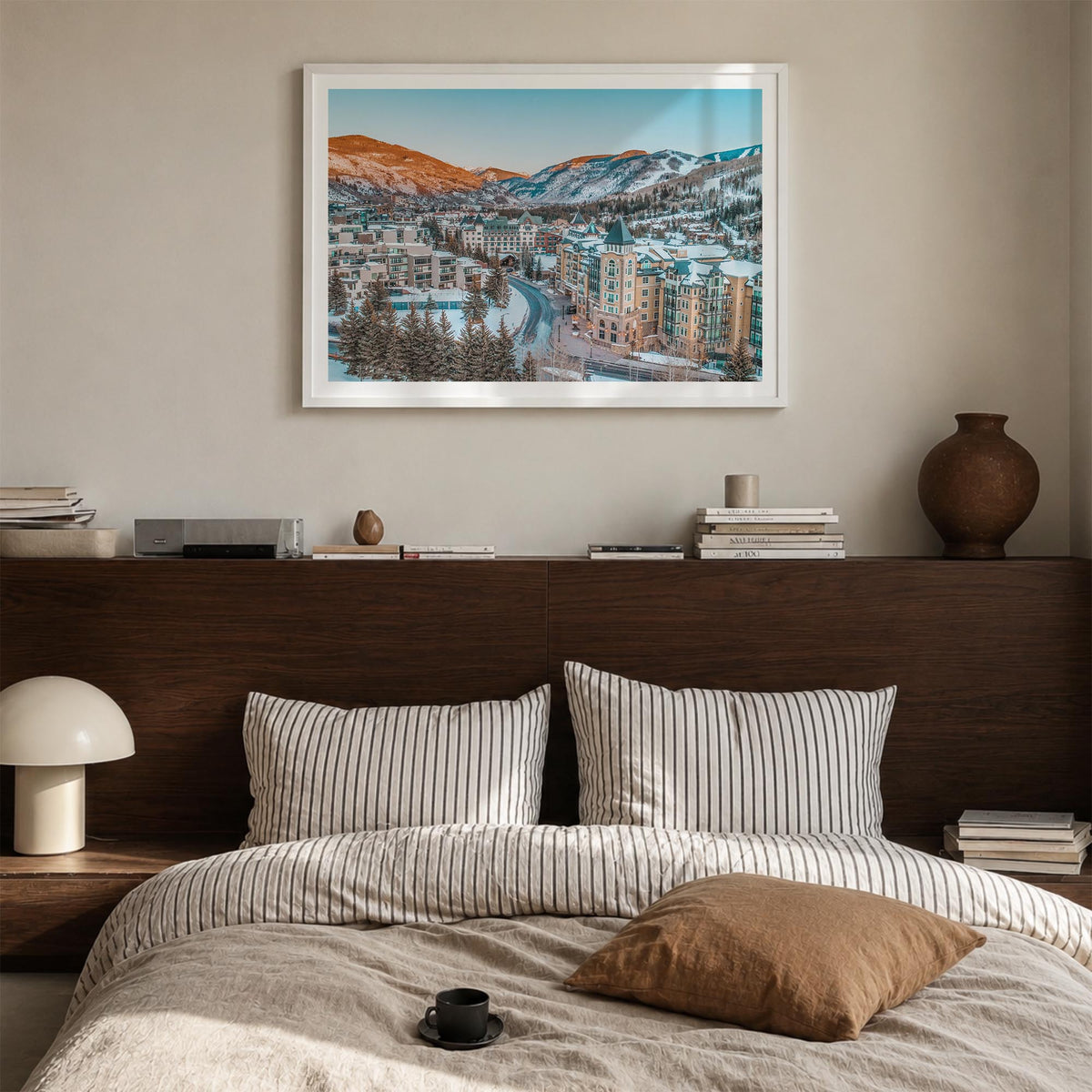 Vail colorful photo poster of Colorado, USA – horizontal wall art in white wood frame with white border, hanging on wall