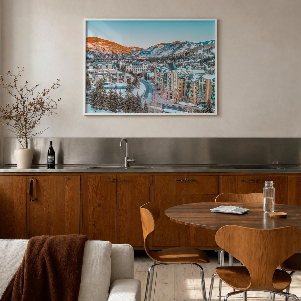 Vail colorful photo poster of Colorado, USA – horizontal wall art in white wood frame, hanging on wall