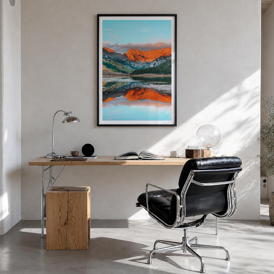 Vail no. 1 colorful photo poster of Colorado, USA – vertical wall art in black wood frame with white border, hanging on wall
