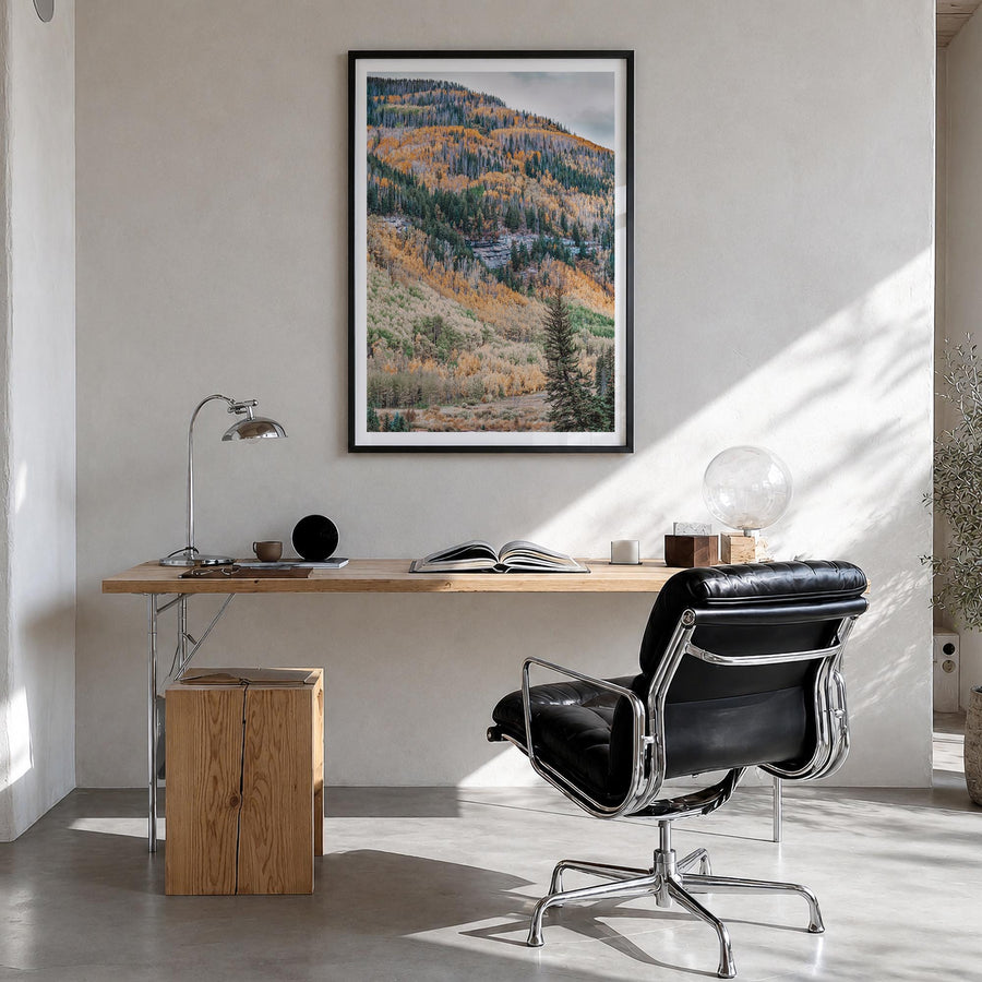 Vail no. 2 colorful photo poster of Colorado, USA – vertical wall art in black wood frame with white border, hanging on wall
