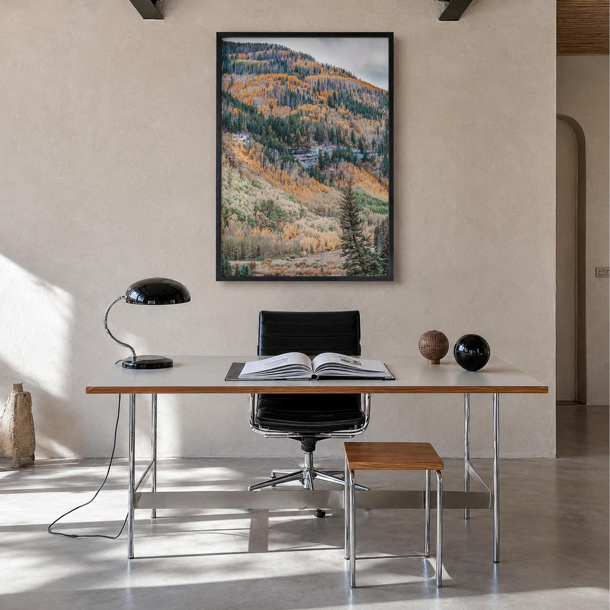 Vail no. 2 colorful photo poster of Colorado, USA – vertical wall art in black wood frame, hanging on wall