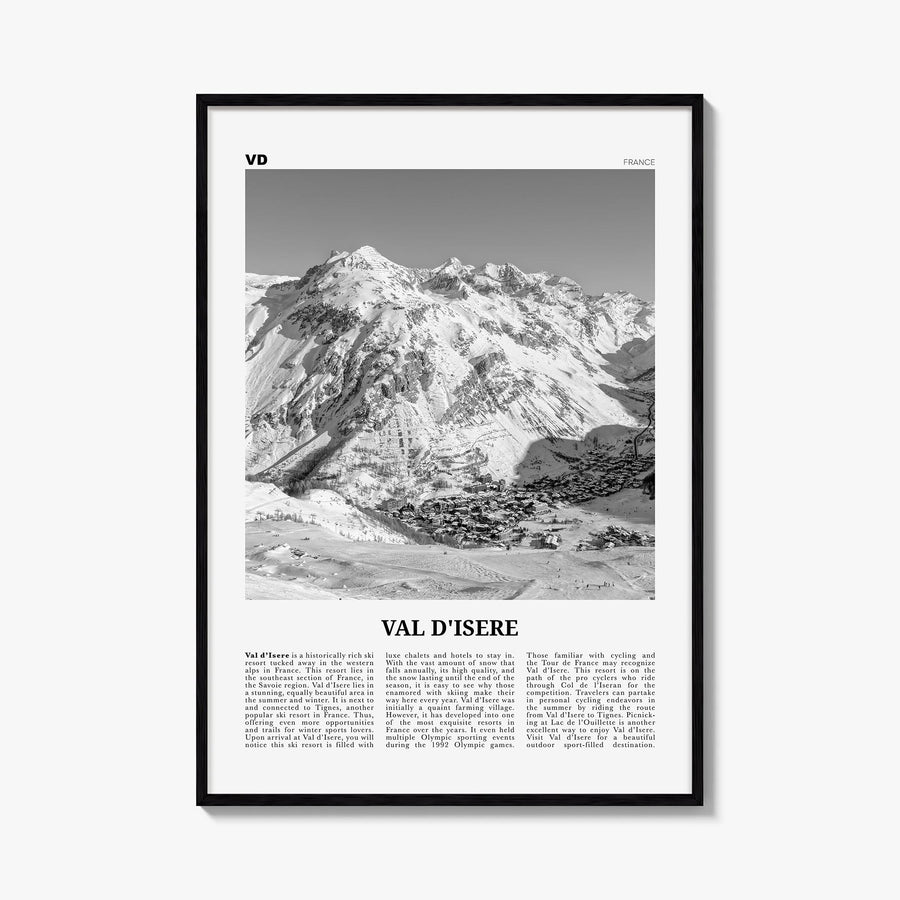 Val d'Isère black & white newspaper poster of France – vertical wall art, unframed print shown in interior mockup