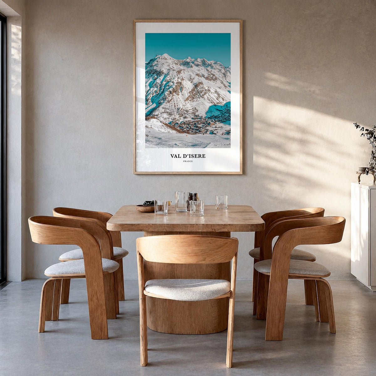 Val d'Isère colorful classic poster of France – vertical wall art in natural wood frame, hanging on wall