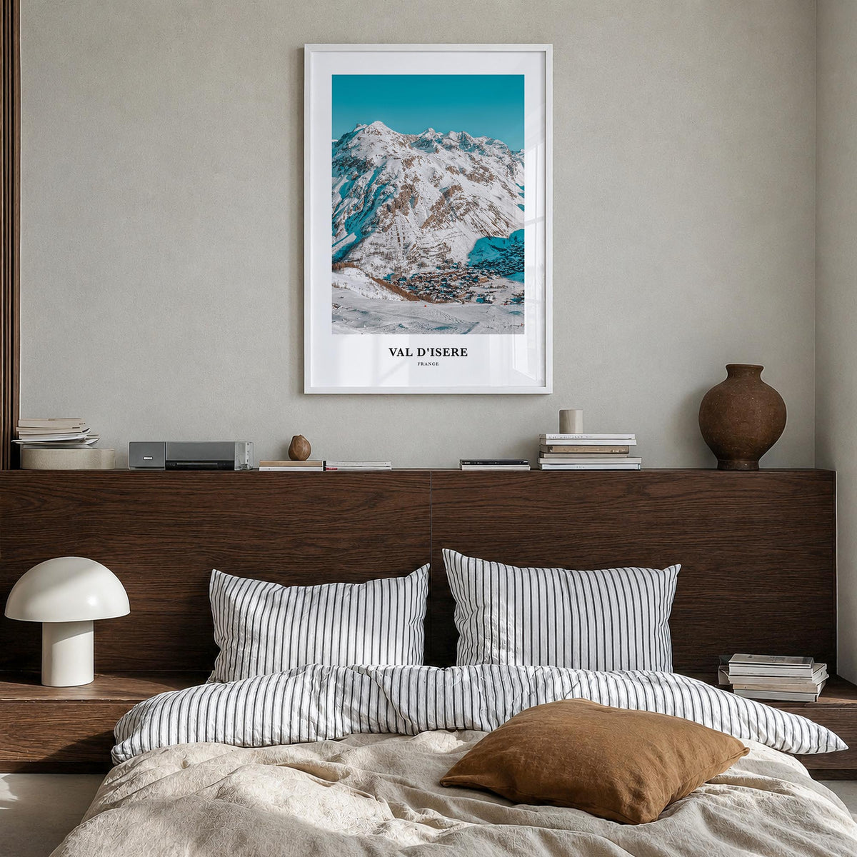 Val d'Isère colorful classic poster of France – vertical wall art in white wood frame, hanging on wall